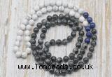 GMN6410 Hand-knotted 8mm, 10mm matte white howlite & black labradorite 108 beads mala necklaces