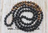 GMN6411 Hand-knotted 8mm, 10mm matte black agate & yellow tiger eye 108 beads mala necklaces