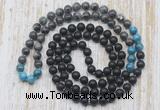 GMN6418 Hand-knotted 8mm, 10mm matte black agate, black labradorite & apatite 108 beads mala necklaces