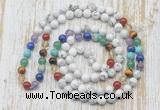 GMN6421 Hand-knotted 7 Chakra 8mm, 10mm white howlite 108 beads mala necklaces