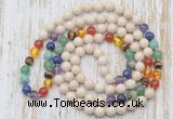 GMN6435 Hand-knotted 7 Chakra 8mm, 10mm white fossil jasper 108 beads mala necklaces