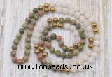 GMN6449 Hand-knotted 8mm, 10mm unakite, white jade & hematite 108 beads mala necklaces