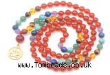 GMN6486 Knotted 7 Chakra 8mm, 10mm red agate 108 beads mala necklace with charm