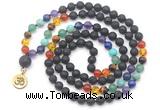 GMN6488 Knotted 7 Chakra 8mm, 10mm black lava 108 beads mala necklace with charm