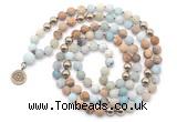 GMN6490 Knotted 8mm, 10mm matte amazonite & picture jasper 108 beads mala necklace with charm