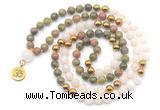 GMN6495 Knotted 8mm, 10mm unakite, white jade & hematite 108 beads mala necklace with charm