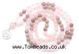GMN6497 Knotted 8mm, 10mm rose quartz & pink wooden jasper 108 beads mala necklace with charm