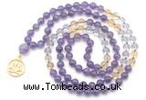 GMN6499 Knotted 8mm, 10mm amethyst, citrine & white crystal 108 beads mala necklace with charm