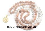 GMN6500 Knotted 8mm, 10mm sunstone, white crystal & white jade 108 beads mala necklace with charm