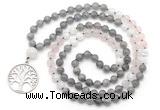GMN6502 Knotted 8mm, 10mm labradorite, rose quartz & white moonstone 108 beads mala necklace with charm