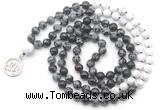 GMN6505 Knotted 8mm, 10mm snowflake obsidian, garnet & matte white howlite 108 beads mala necklace with charm
