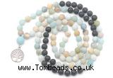 GMN6509 Knotted 8mm, 10mm matte amazonite & black lava 108 beads mala necklace with charm