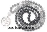 GMN6517 Knotted 8mm, 10mm black lava, black labradorite & cloudy quartz 108 beads mala necklace with charm