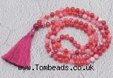 GMN674 Hand-knotted 8mm, 10mm red banded agate 108 beads mala necklaces with tassel