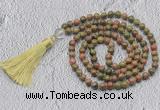 GMN728 Hand-knotted 8mm, 10mm unakite 108 beads mala necklaces with tassel