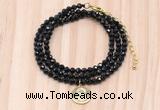 GMN7545 4mm faceted round tiny black onyx beaded necklace with letter charm