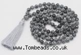 GMN794 Hand-knotted 8mm, 10mm snowflake obsidian 108 beads mala necklace with tassel