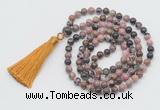GMN795 Hand-knotted 8mm, 10mm rhodonite 108 beads mala necklace with tassel