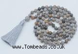 GMN797 Hand-knotted 8mm, 10mm silver needle agate 108 beads mala necklace with tassel