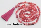 GMN798 Hand-knotted 8mm, 10mm red banded agate 108 beads mala necklace with tassel