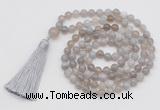 GMN802 Hand-knotted 8mm, 10mm grey banded agate 108 beads mala necklace with tassel