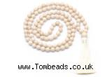 GMN8414 8mm, 10mm white fossil jasper 27, 54, 108 beads mala necklace with tassel