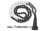 GMN8560 8mm, 10mm black labradorite, matte rose quartz & black agate 108 beads mala necklace with tassel