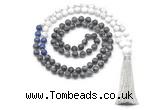 GMN8562 8mm, 10mm black labradorite, lapis lazuli & matte white howlite 108 beads mala necklace with tassel