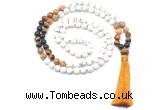 GMN8563 8mm, 10mm matte white howlite & mixed gemstone 108 beads mala necklace with tassel