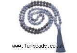 GMN8573 8mm, 10mm blue spot stone & black lava 108 beads mala necklace with tassel