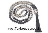 GMN8574 8mm, 10mm dalmatian jasper, black lava & garnet 108 beads mala necklace with tassel