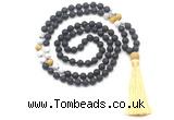 GMN8578 8mm, 10mm black lava, matte white howlite & golden tiger eye 108 beads mala necklace with tassel