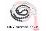 GMN8583 8mm, 10mm black agate, rose quartz & white howlite 108 beads mala necklace with tassel