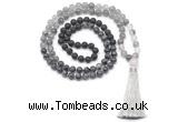 GMN8588 8mm, 10mm black lava, black labradorite & cloudy quartz 108 beads mala necklace with tassel