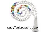 GMN8603 Hand-knotted 7 Chakra 8mm, 10mm white howlite 108 beads mala necklace with tassel