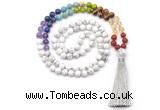 GMN8607 Hand-knotted 7 Chakra 8mm, 10mm white howlite 108 beads mala necklace with tassel