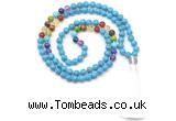 GMN8613 Hand-knotted 7 Chakra 8mm, 10mm imitation turquoise 108 beads mala necklace with tassel