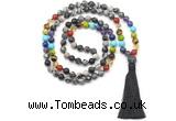 GMN8624 Hand-knotted 7 Chakra 8mm, 10mm black water jasper 108 beads mala necklace with tassel