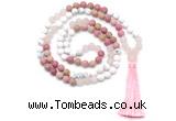 GMN8627 8mm, 10mm matte white howlite, red jasper & rose quartz 108 beads mala necklace with tassel