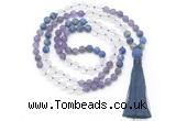 GMN8629 8mm, 10mm matte amethyst, white crystal & lapis lazuli 108 beads mala necklace with tassel