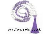GMN8632 8mm, 10mm amethyst & white howlite 108 beads mala necklace with tassel