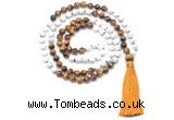 GMN8634 8mm, 10mm white howlite & yellow tiger eye 108 beads mala necklace with tassel