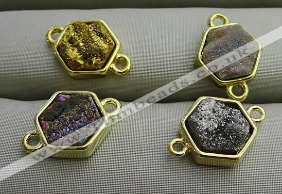 NGC6003 12*12mm hexagon plated druzy agate connectors wholesale