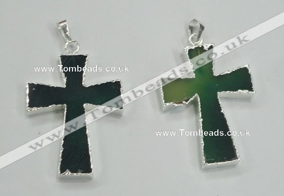 NGP1286 32*45mm cross green agate pendants with brass setting