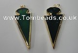 NGP1291 30*65mm green agate pendants with brass setting