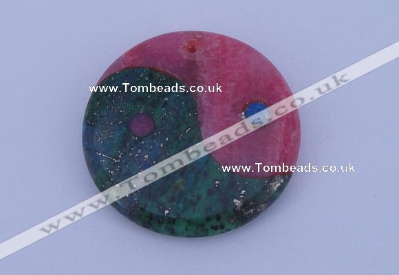 NGP208 6*40mm coin dyed rhodochrosite & chrysocolla gemstone pendant