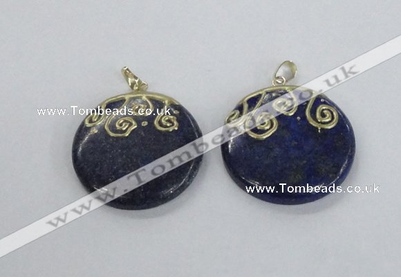 NGP2622 40mm flat round lapis lazuli gemstone pendants wholesale