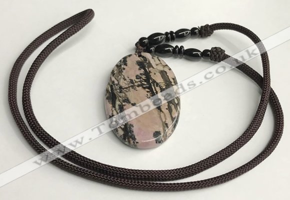 NGP5624 Rhodonite oval pendant with nylon cord necklace