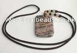 NGP5625 Rhodonite rectangle pendant with nylon cord necklace