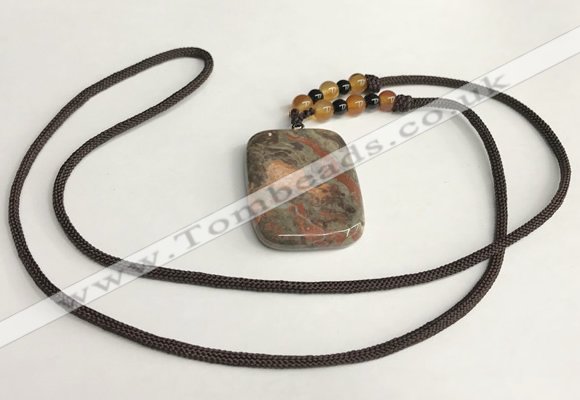 NGP5691 Rainforest agate rectangle pendant with nylon cord necklace